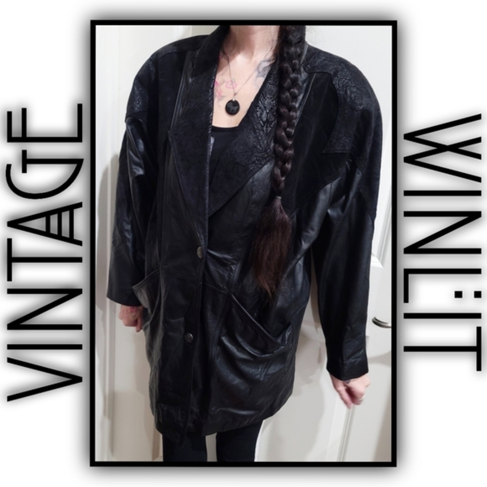 Winlit ✦ 80s Black Genuine Leather Trench Coat ✦ Paneled Longline Vintage Broad - Picture 4 of 16